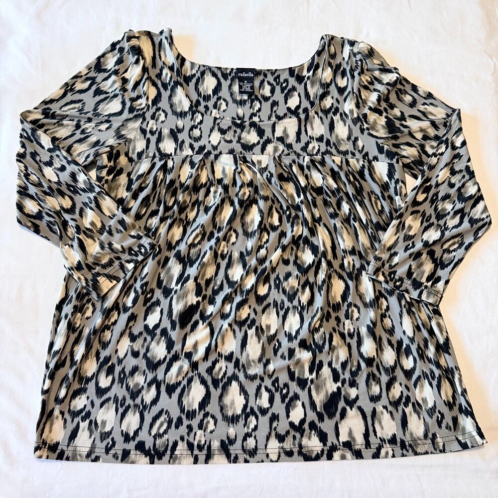 Rafaella Top Womens Medium Grey Black Leopard Print Empire Waist 3/4 Sleeve